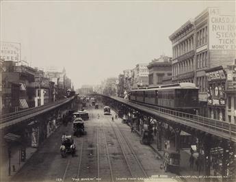 (NEW YORK CITY--J.S. JOHNSTON) A pair of views of a bustling Bowery with the elevated railroad, both looking north from Grand Street.